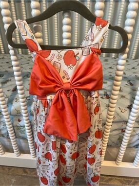 Girls Red Apple Print Dress with Large Bow